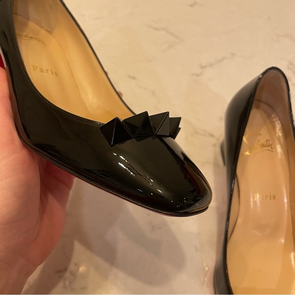 NWT ❤️ Christian Louboutin Pyramidame 45 Black Parent Square Toe Pump w/ Spikes - Picture 6 of 11